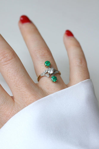 Bague 54 Bague Toi et Moi en or jaune 18kt et platine, diamants, émeraudes 58 Facettes