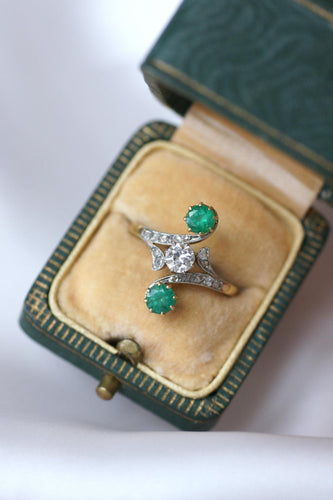 Bague 54 Bague Toi et Moi en or jaune 18kt et platine, diamants, émeraudes 58 Facettes