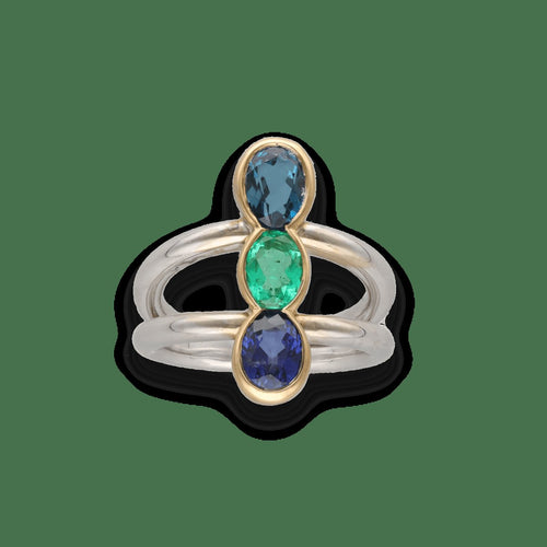 Bague 57 Bague trilogie en or gris et jaune 18 carats avec émeraude, saphir et topaze 58 Facettes FB11085