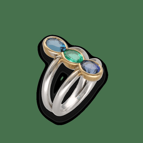 Bague 57 Bague trilogie en or gris et jaune 18 carats avec émeraude, saphir et topaze 58 Facettes FB11085