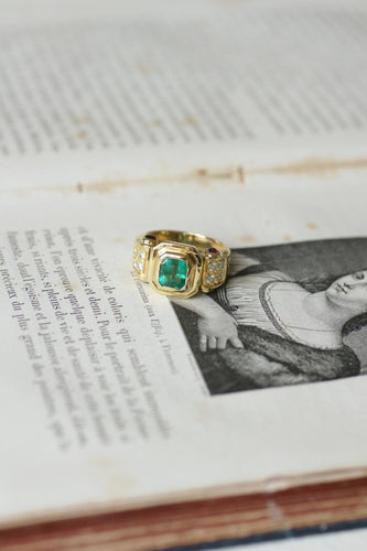 Bague 55.5 Bague vintage émeraude colombienne en or jaune 18k et diamants rubis 58 Facettes
