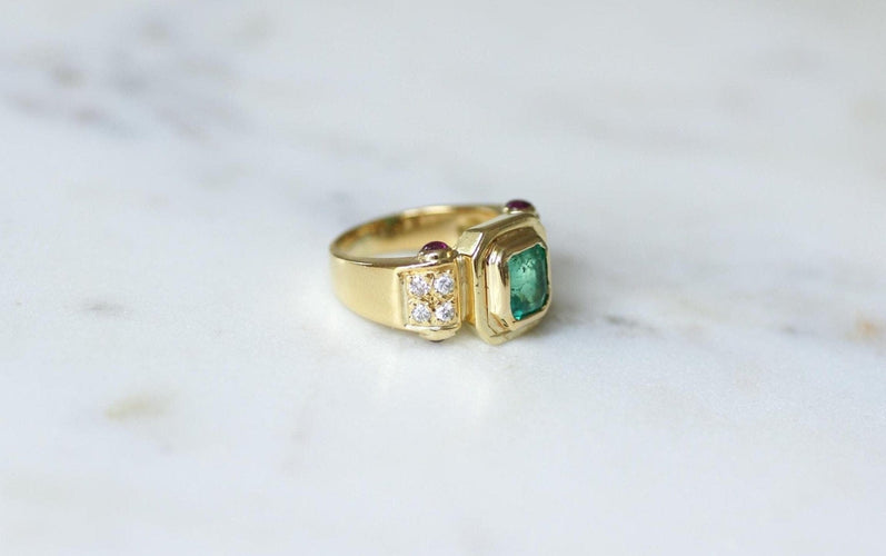 Bague 55.5 Bague vintage émeraude colombienne en or jaune 18k et diamants rubis 58 Facettes