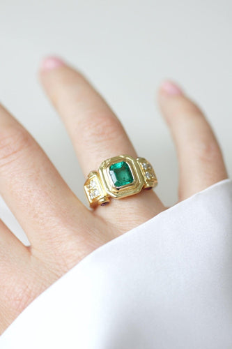 Bague 55.5 Bague vintage émeraude colombienne en or jaune 18k et diamants rubis 58 Facettes