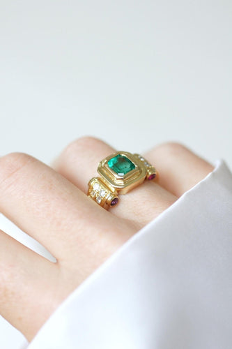 Bague 55.5 Bague vintage émeraude colombienne en or jaune 18k et diamants rubis 58 Facettes