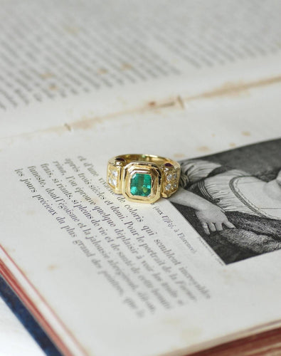 Bague 55.5 Bague vintage émeraude colombienne en or jaune 18k et diamants rubis 58 Facettes