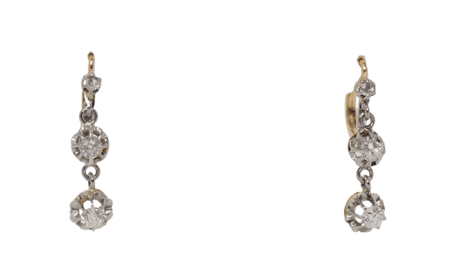 Boucles d'oreilles Boucles d'oreilles dormeuses pendantes Art Nouveau en or 18 kt et diamants 58 Facettes 30616