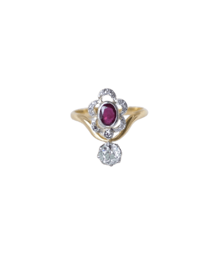 Bague 56 Bague Duchesse Belle Époque en or jaune 18k, platine, rubis et diamants 58 Facettes