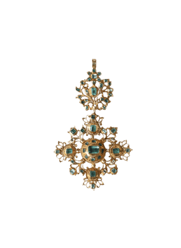 Croix XVIIIe siècle (Espagne) en or jaune 18kt pavée d’émeraudes 58 Facettes