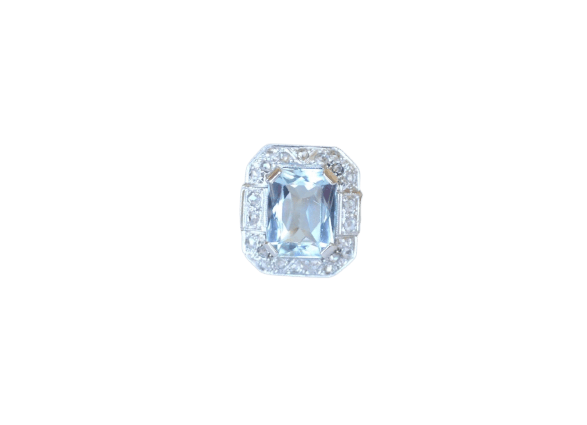 Bague 58 Bague Art Déco octogonale en or blanc 18k, aigue-marine et diamants 58 Facettes
