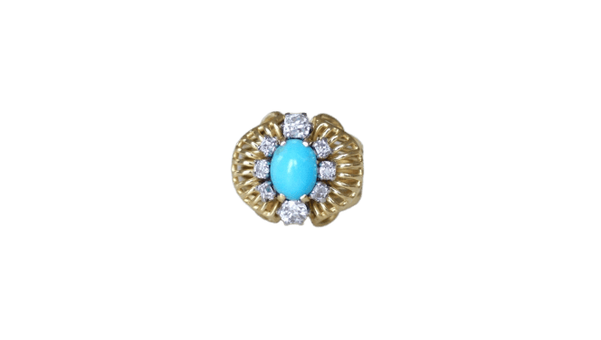 Bague 52.5 Bague cocktail cabochon turquoise en or jaune 18kt et diamants 58 Facettes