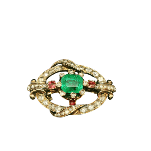 Broche Broche antique fin XIXe siècle avec émeraude colombienne, diamants et rubis 58 Facettes