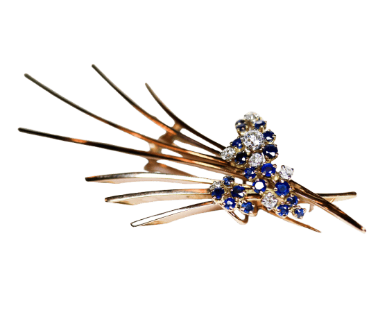 Broche Broche motif feuilles 1950 en or rose, saphirs et diamants 58 Facettes A11347