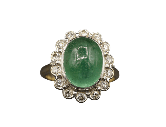 Bague 49.5 Bague Pompadour en or blanc et jaune, émeraude cabochon et diamants 58 Facettes A10322