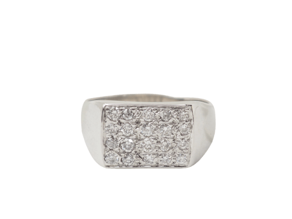 Bague 53.5 Bague chevalière sertie de diamants en or blanc 18 ct 58 Facettes 33267