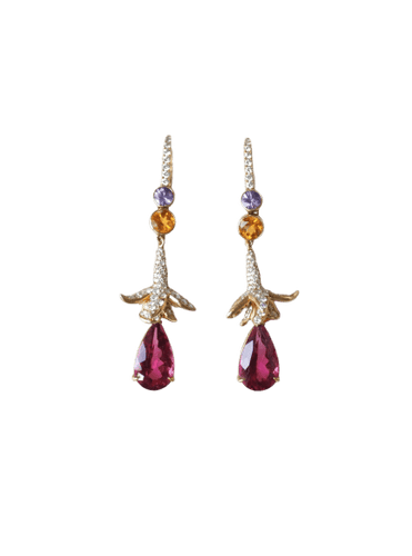 Boucles d'oreilles Lorenz Bäumer - Boucles d’oreilles pendantes en or jaune et diamants, saphirs, héliodores, rubellites 58 Facettes