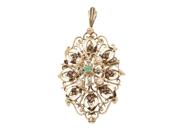 Pendentif Broche pendentif en or jaune 18 ct, émeraude, grenats et perles 58 Facettes 33147