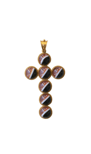 Pendentif Pendentif croix cabochons d’agates en or jaune 14kt 58 Facettes