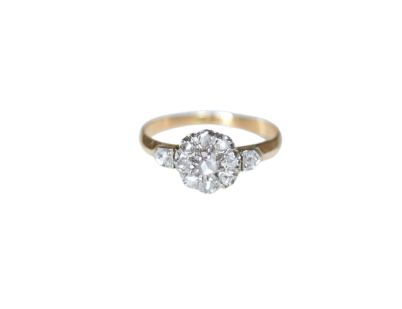 Bague 55 Bague marguerite ancienne en or rose 18kt et platine et diamants 58 Facettes