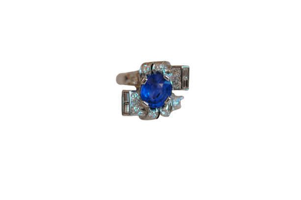 Bague 49 Art déco - Bague en platine avec saphir bleu et diamants 58 Facettes