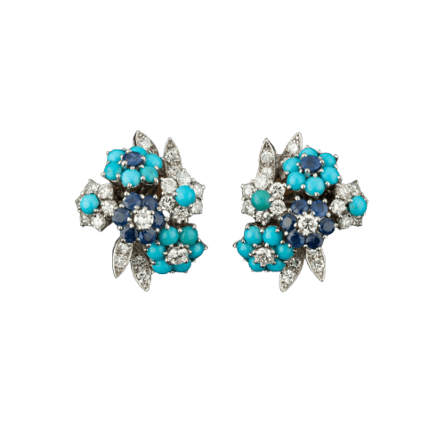 Boucles d'oreilles Boucles d’oreilles clips motif fleurs en or 18k, platine et diamants, turquoises, saphirs 58 Facettes