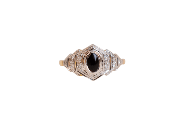 Bague 53 Bague hexagonale cabochon d’onyx en or jaune et blanc et diamants 58 Facettes Ref2960