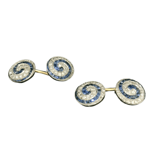 Boutons de manchette Boutons de manchette art déco en or jaune 18 carats et platine, saphirs et diamants 58 Facettes