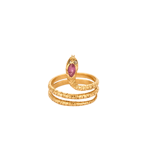 Bague 54 Bague serpent vintage en or jaune 18 carats, saphir rose et diamants 58 Facettes