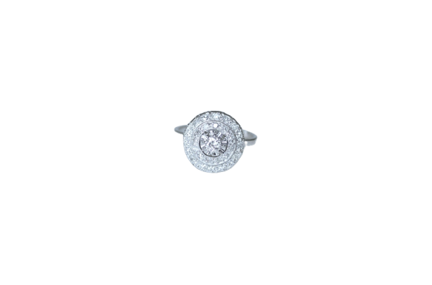 Bague 54 Bague cible Art déco double entourage en or blanc 18k, platine et diamants 58 Facettes