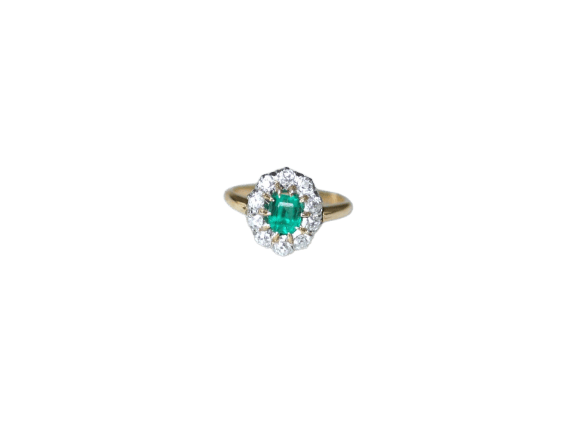 Bague 48 Bague marguerite ancienne en or jaune 18kt, argent, émeraude et diamants 58 Facettes