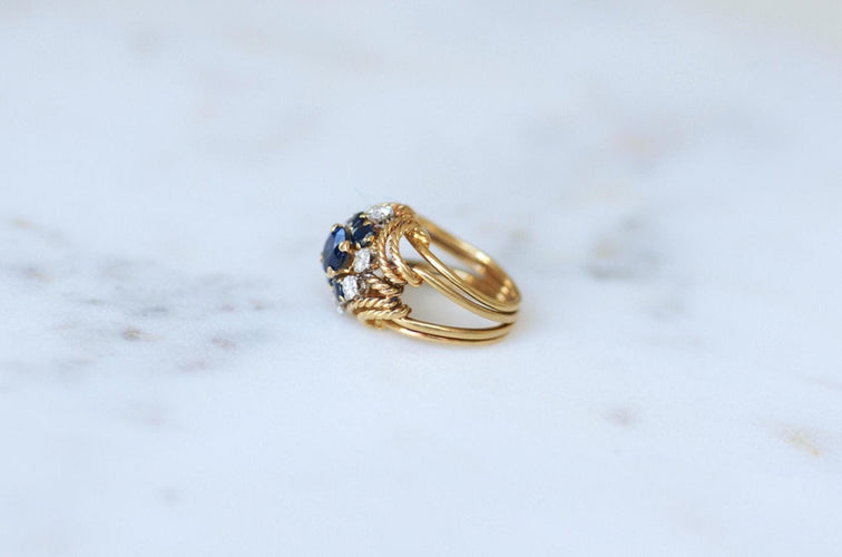 Bague 48 Boucheron - Bague cocktail en or jaune 18k et platine, saphirs et diamants 58 Facettes