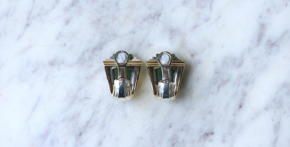 Boucles d'oreilles Puiforcat - Boucles d’oreilles à clips en or jaune 18k et argent, jade 58 Facettes