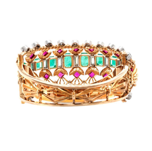 Bracelet Bracelet rétro 1940 en or jaune 18 ct avec émeraudes, diamants et rubis 58 Facettes 62800060