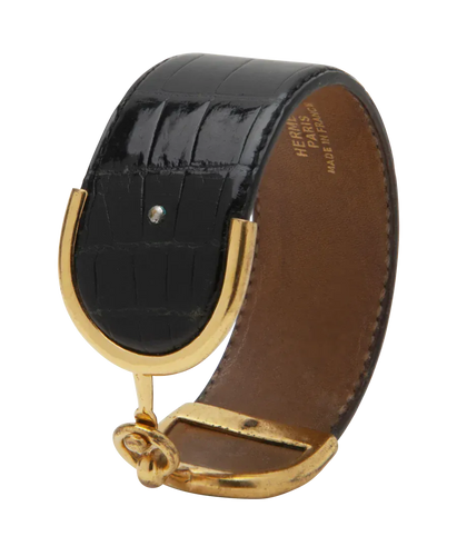 Bracelet Hermès - Bracelet manchette vintage en cuir noir et cuivre plaqué or jaune 58 Facettes BO220238/BraceletVintageHERMES
