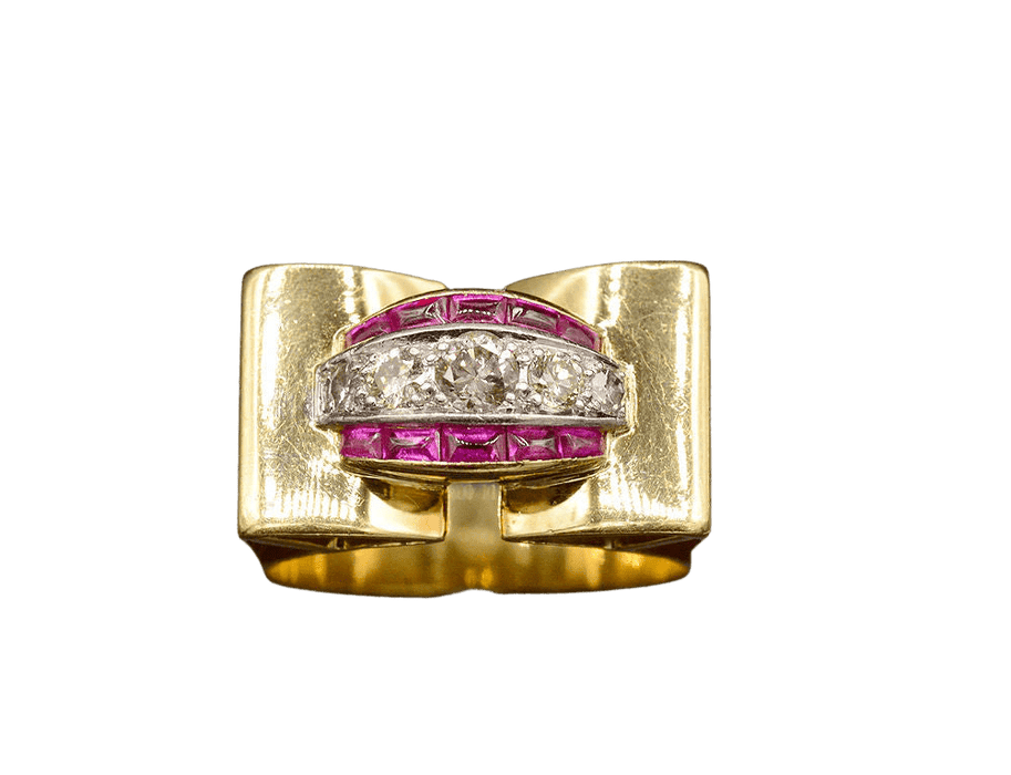 Bague 53 Bague Tank or jaune diamants rubis Verneuil 58 Facettes A10848