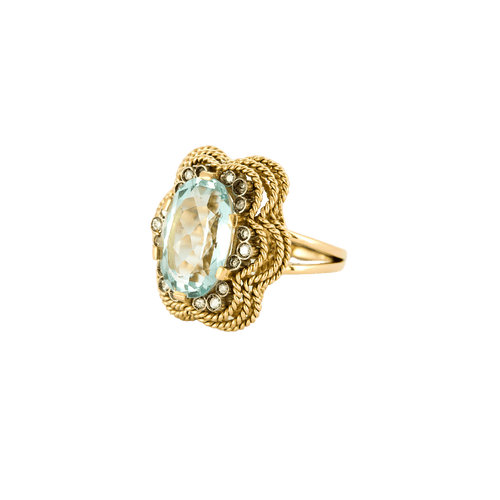 Bague 51 Bague motif floral en or jaune 18k, aigue-marine et diamants 58 Facettes BO/240027