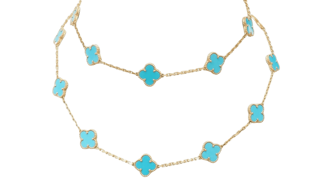 Collier VAN CLEEF & ARPELS - Sautoir Vintage Alhambra or jaune et turquoise 58 Facettes 32698