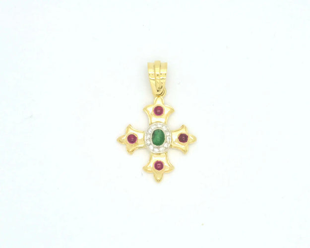 Pendentif Pendentif croix en or jaune 18 kt, émeraude, rubis et diamants 58 Facettes 8373
