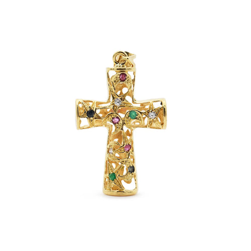 Pendentif Pendentif croix en or jaune 18 ct avec rubis, émeraudes et saphirs 58 Facettes 17550