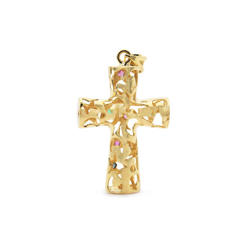 Pendentif Pendentif croix en or jaune 18 ct avec rubis, émeraudes et saphirs 58 Facettes 17550