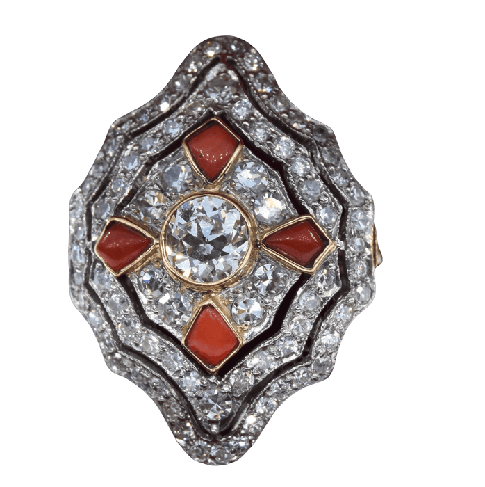 Bague 57 Bague Art Nouveau platine corail diamants 58 Facettes