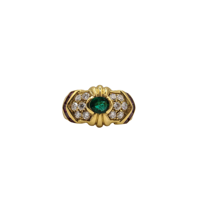 Bague or jaune sertie d’émeraude, diamants et rubis