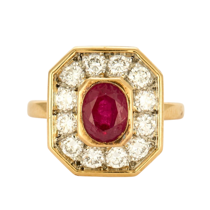 Bague en platine, or jaune, rubis et diamants