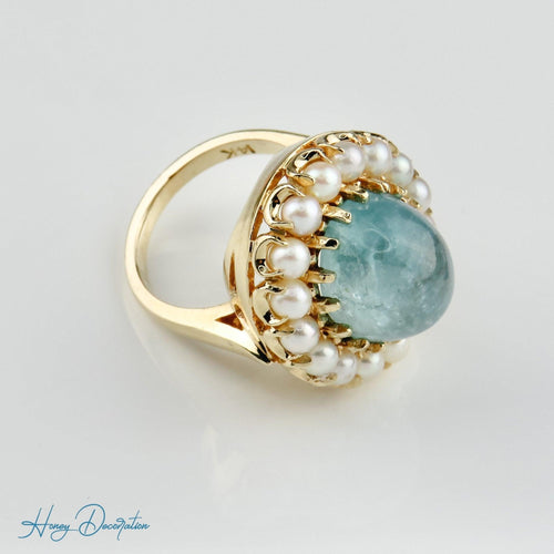 Bague 53.5 Bague vintage en or jaune 14 carats avec aquamarine et perles 58 Facettes 1996
