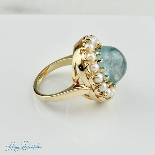 Bague 53.5 Bague vintage en or jaune 14 carats avec aquamarine et perles 58 Facettes 1996