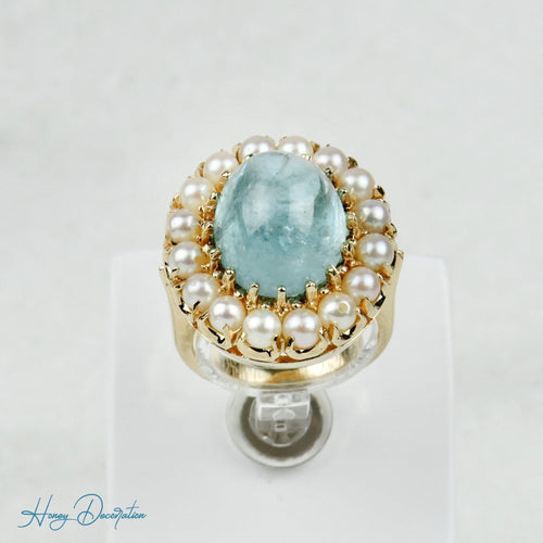 Bague 53.5 Bague vintage en or jaune 14 carats avec aquamarine et perles 58 Facettes 1996