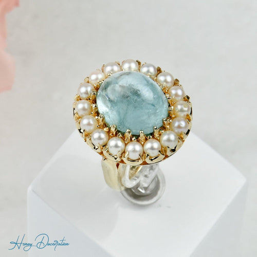Bague 53.5 Bague vintage en or jaune 14 carats avec aquamarine et perles 58 Facettes 1996