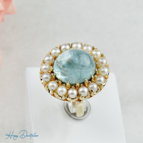 Bague 53.5 Bague vintage en or jaune 14 carats avec aquamarine et perles 58 Facettes 1996