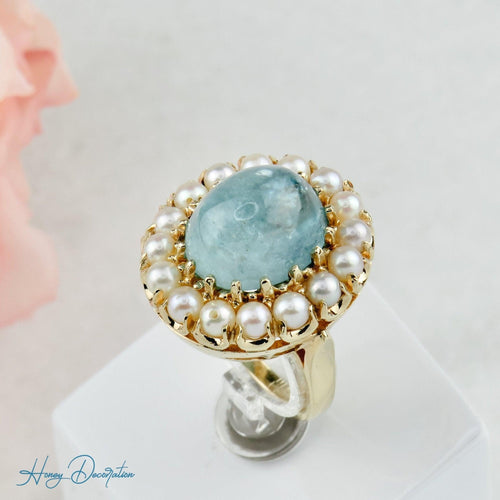 Bague 53.5 Bague vintage en or jaune 14 carats avec aquamarine et perles 58 Facettes 1996