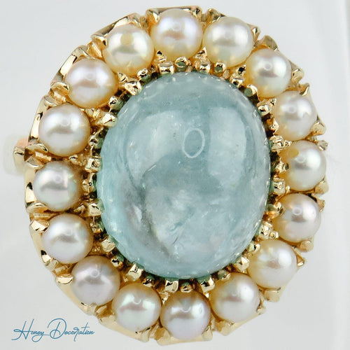 Bague 53.5 Bague vintage en or jaune 14 carats avec aquamarine et perles 58 Facettes 1996