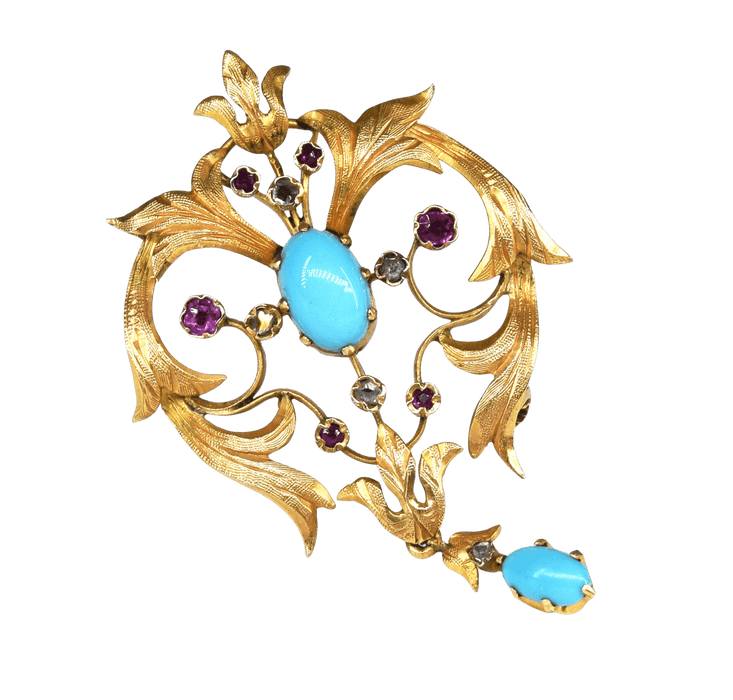 Broche Broche vintage années 70, turquoise, rubis, diamants 58 Facettes